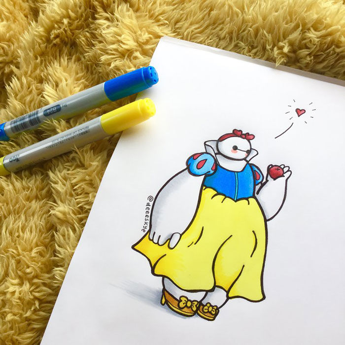 ベイマックスが様々なディズニ キャラのコスプレをするイラストがカワイイ えのげ